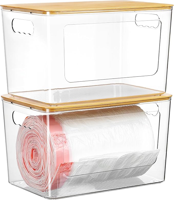 Vtopmart 2 Pack Trash Bag Holder with Bamboo Lid, Garbage Bag Dispenser | Stackable Trash Bag Organizer for 13/30/33 Gallon Bags, Clear Organizer Bins for Under Sink, Laundry Room Organization by Vtopmart