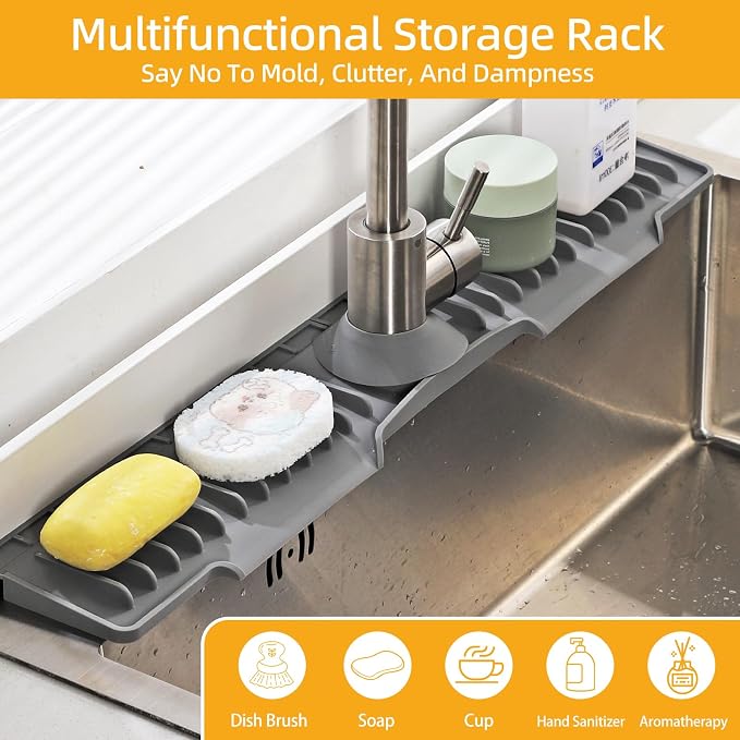 24" Silicone Sink Mat for Kitchen(Released in 2026), 2 PCS Grey | 8° Slope for Quick Self-draining, Sink Splash Guard Behind the Faucet, Narrow Water Splash Guard, for Kitchen&Bathroom Area - Image 6