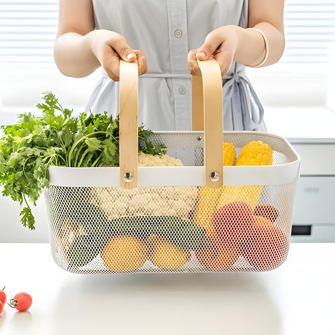 Portable Mesh Harvest Basket - Natural Bamboo Handle Foldable Organizer for Kitchen, Garden & Picnic | Ventilated Storage Bin with Rust-Proof Wire, Space-Saving Farmhouse Decor (Pink) - Image 7