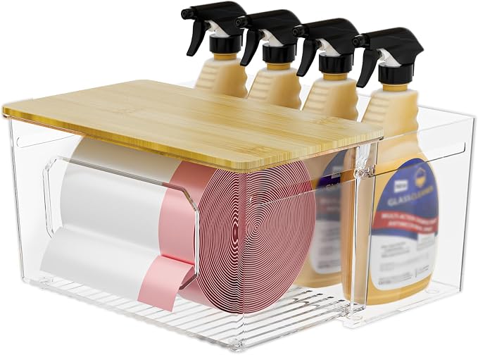 spospo Trash Bag Holder 2-in-1 Under Sink Organizer with Bamboo Lid | Acrylic Trash Bag Dispenser with Pull-Out Basket for Cleaning Supplies, Garbage Bag Holder for Kitchen Laundry Room Storage by SPOSPO