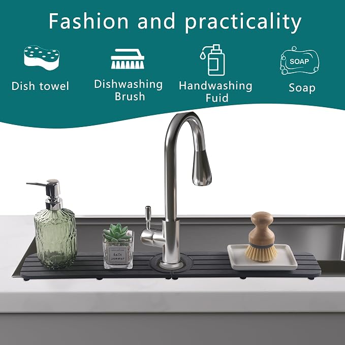 Water Absorbing Stone Kitchen Sink Mat Faucet Splash Guard for Bathroom | Quick Dry, Raised Feet, Diatomaceous Earth, Stone Faucet Mat, Sink Protector for Counter, Sink Accessories, Bathroom Decor - Image 2