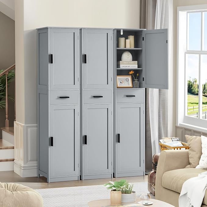 usikey 67“ Tall Bathroom Cabinet, Storage Cabinet with 4 Shelves & 2 Doors, Narrow Storage Cabinet for Bathroom, Living Room, Home Office, Greige - Image 6