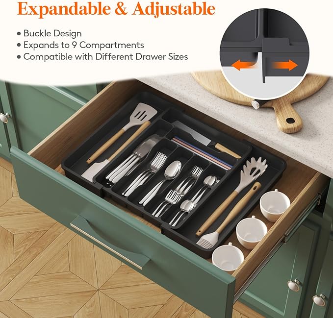 Lifewit Utensil Organizer for Kitchen Drawer, Expandable Cooking Silverware Tray, Adjustable Cutlery Flatware Holder, Plastic Spatula Tools Storage Divider, 11.8-19.6 x 15", Black - Image 4