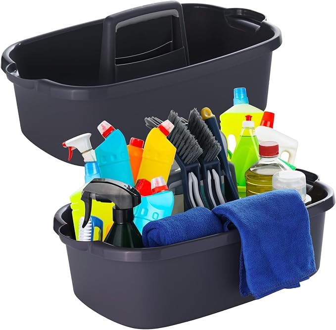 2-Pack Large Gray Cleaning Caddy for Cleaning Supplies with Handle - Portable Plastic Tote Organizer for Shower, Bathroom, Kitchen, Under Sink Storage by Omirome