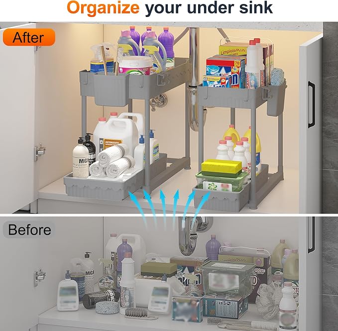 4-Pack 2-Tier Under Sink Organizer with Pull Out Drawers | Multi-use kitchen & bathroom storage. Includes hanging hooks and cups. Gray, space-saving cabinet design. 12.8 Inch - Image 3