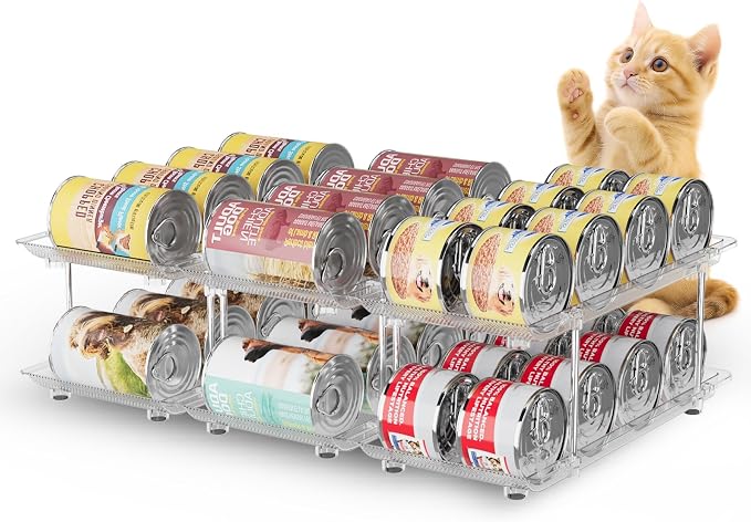 Can Organizer for Pantry, Modular 2 Tier Adjustable Cat Can Organizer | Customizable storage, adjustable dividers, automatic rolling, fits 3 oz cat food to large soup cans, for pantry and fridge by HomeLivingKitchenOrganiza