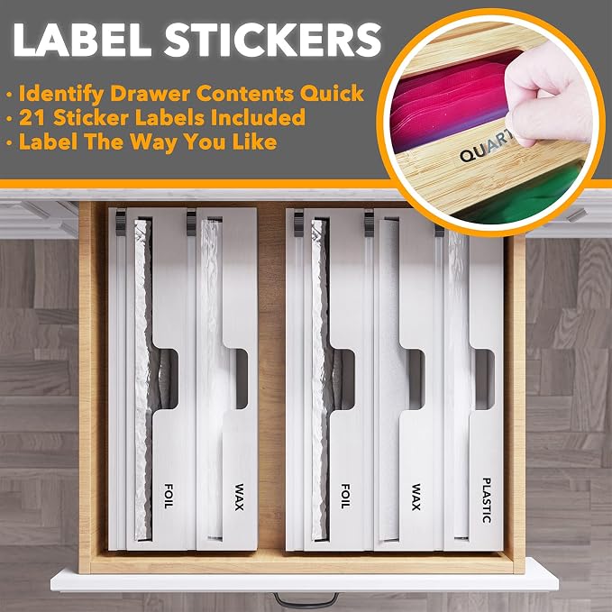 SpaceAid WrapNeat 2 in 1 Wrap Organizer with Cutter and Labels, Plastic Wrap, Aluminum Foil and Wax Bamboo Dispenser for Kitchen Storage Organization Holder for 12" Roll (White) - Image 4