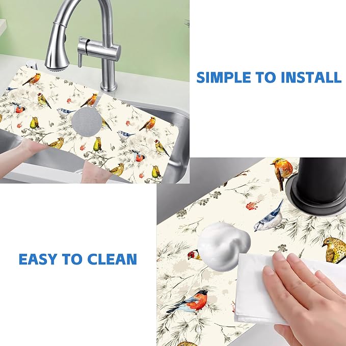 Vintage Watercolor Birds Dish Drying Mat for Kitchen Sink Splash Guard Behind Faucet Sink Mat Absorbent Fast Drying Faucet Draining Mat for Bathroom Kitchen 5.5"×15" - Image 5