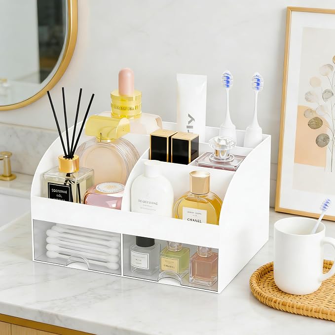 Makeup Organizer with 2-Drawer, Countertop Cosmetic Storage for Vanity | Skincare Organizer with Brush Storage for Dresser Desktop Bathroom, White - Image 4