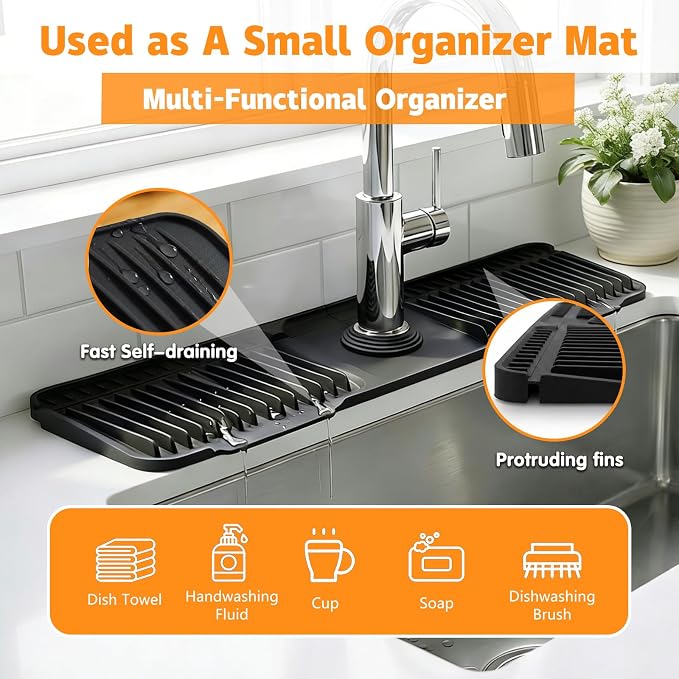 Silicone Faucet Mat for Kitchen Sink, 17" Splash Guard 7° Slope Fast Drain | Adjustable hole cutout for easy install, fits kitchen & bathroom sinks; food-grade silicone, easy to clean, keeps counter dry - Image 5