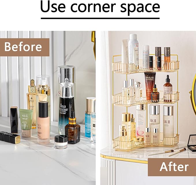 3-Tier Corner Bathroom Counter Organizer – Classic Storage Shelf for Makeup, Perfume & Toiletries, Space-Saving Countertop Tray Fits Bathroom, Dresser, Kitchen (Vintage Gold) - Image 5