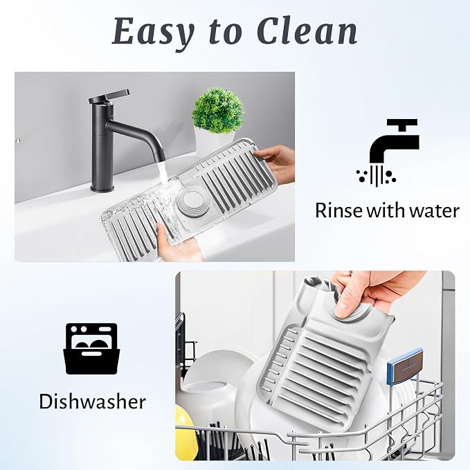 PoYang 14.6 Inch Faucet Mat for Kitchen Sink Splash Guard, Light Grey | Sink Protectors with 7° Slope for Smooth Drainage, Snap Button Holds It in Place, 90° Foldable & Cuttable Hole Fit Most Sinks - Image 9