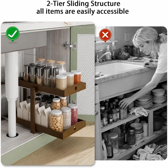Bamboo Under Sink Organizer 2 Tier Pull Out Cabinet Storage Drawer - Image 6