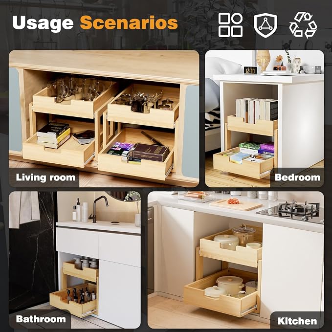 Pull Out Cabinet Organizer, 23''W×21''D Sliding Drawers for Cabinets, 2 Tier Soft Close Slide Out Wooden Pull out Drawers, Base Cabinet Organization for Kitchen, Pantry, Bathroom - Image 7