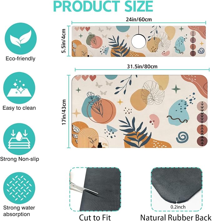 Dish Drying Mat for Kitchen Counter Matt, 2PCS 31.5"x17" Dish Drainer Mat & 24"x5.5" Sink Splash Guard, Super Absorbent Non-slip Rubber Backed - Image 2