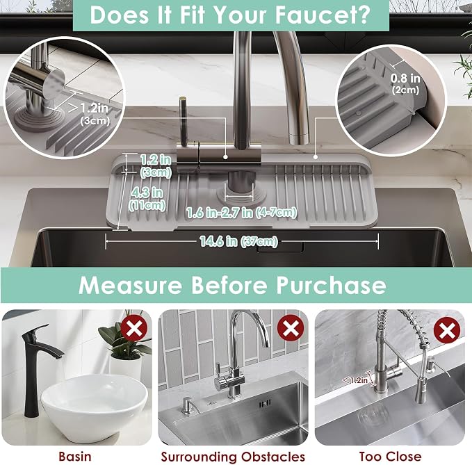 14.6-Inch Silicone Faucet Mat for Kitchen Sink Splash Guard, 7° Slope | 14.6"x5.5" water draining mat with fasten button; 1.6-2.75" customizable hole for bathroom, RV & kitchen sink drip catcher. - Image 2