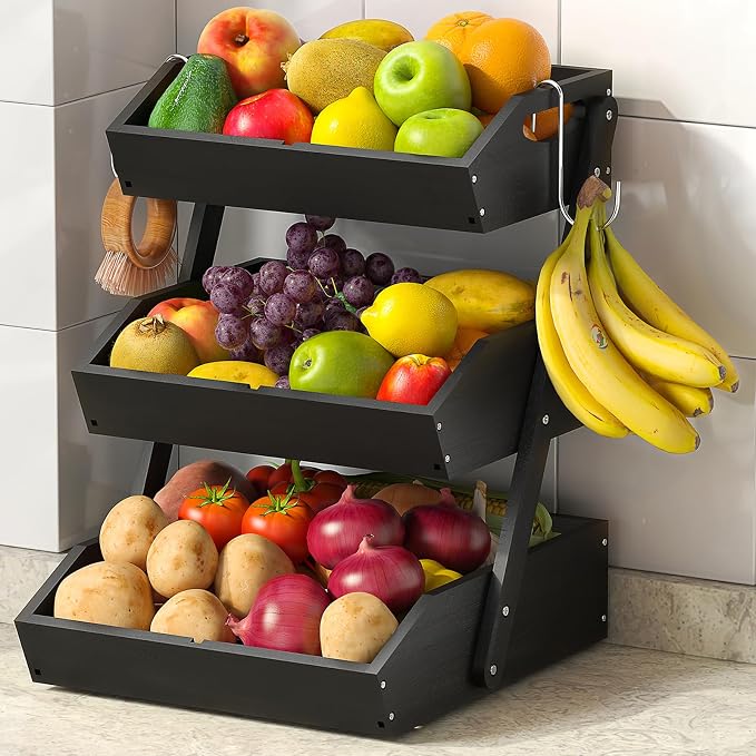 3-Tier Bamboo Fruit Basket with 2 Banana Holders Black | Large tiered organizer for bread, snacks, veggies. Sturdy bamboo, includes mats & dividers. Easy to assemble. by Sevenblue