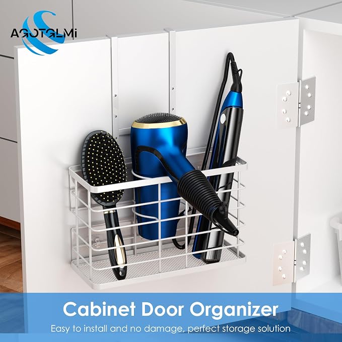 Agotglmi Hair Tool Organizer, Dryer Holder, 3 in 1 Blow Bathroom Organizer Wall Mounted/Cabinet Door for Flat Iron, Curling Straightener, Care & Styling Tools Storage Basket (White) - Image 2
