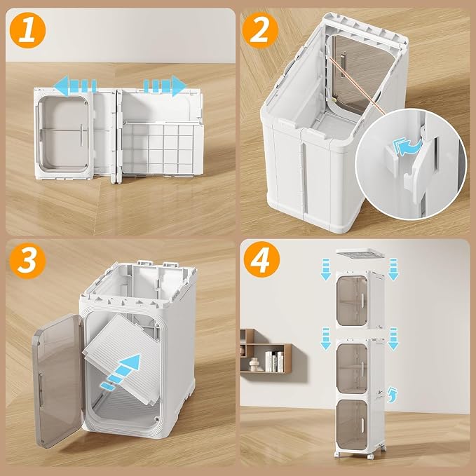 3 Tier Slim Bathroom Storage Cabinet, Foldable and Movable, White | Tools Free, ABS and PET, Magnetic Clear Door, Adjustable Shelves, Lockable Wheels, Water Resistant, For Narrow Space - Image 4