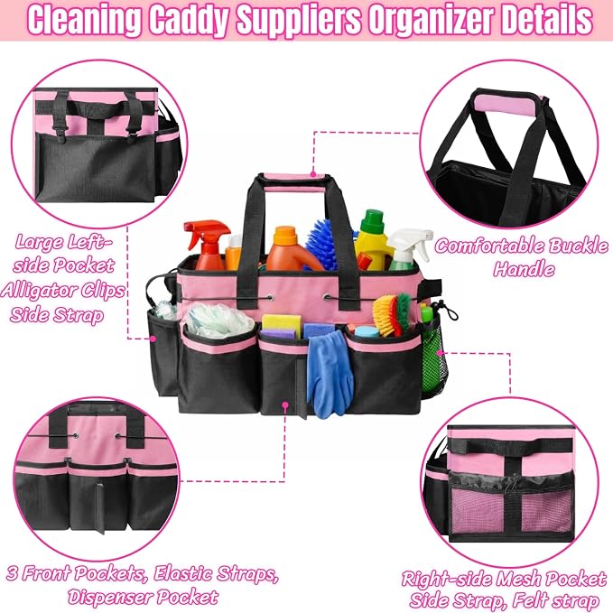 BLIRITEL Large Cleaning Caddy Bag with Handle, Cleaning Caddy Organizer with Shoulder Strap, Multi-Compartment Cleaning Supply Tote for Cleaners & Housekeepers (Pink) - Image 5