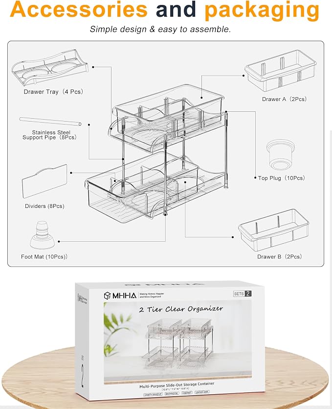2-Pack 2-Tier Under Sink Organizers with Sliding Drawers | Multi-use kitchen & bathroom storage, 10.6 inch clear cabinet organizer, space-saving sliding drawer design. - Image 7