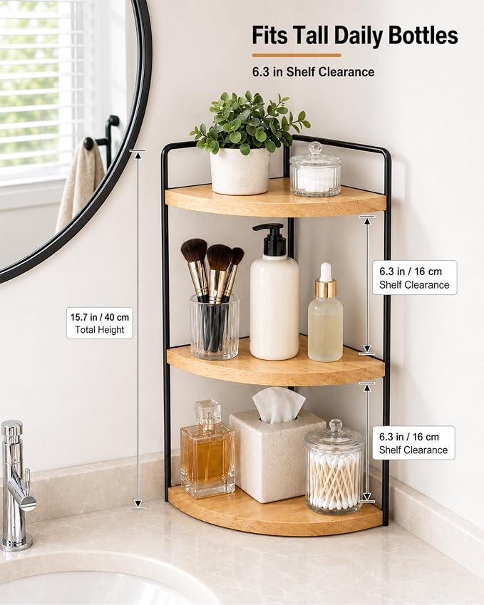 3-Tier Corner Bathroom Countertop Organizer, Solid Pine Wood Vanity Shelf | Natural wood solid pine shelves with 6.3 in clearance for tall bottles, skincare, perfume, and daily essentials. - Image 3