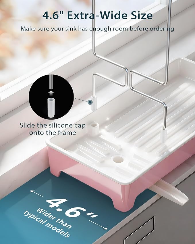 Minimalist Sink Caddy, Rustproof Sponge Holder for Kitchen Sink Pink | Large Rustproof countertop organizer with 304 stainless steel brush holder, raised ridges and silicone drain tube - Image 4