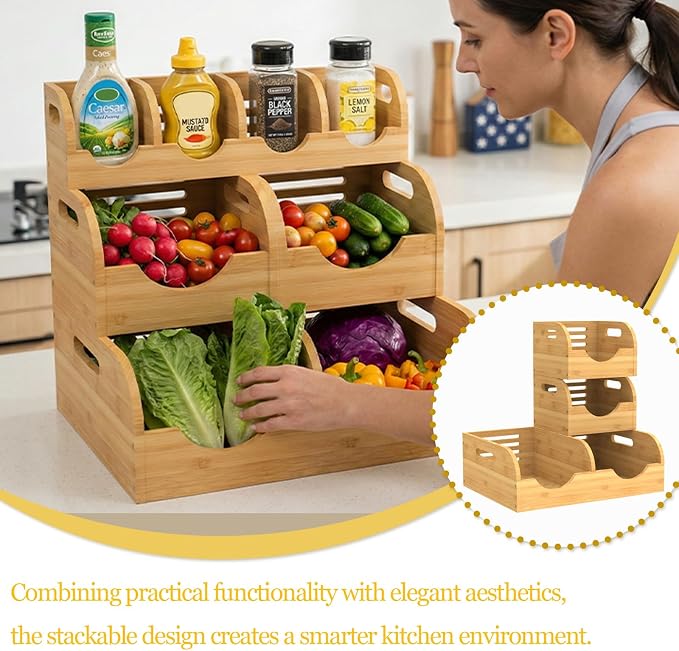 Potato and Onion Storage Bin, Made of bamboo, With 2 banana hooks | With 2 Banana Hangers,Stackable Potato and Onion Storage Bin with Airflow Vent,Vegetable Storage,for Kitchen Countertop - Image 7