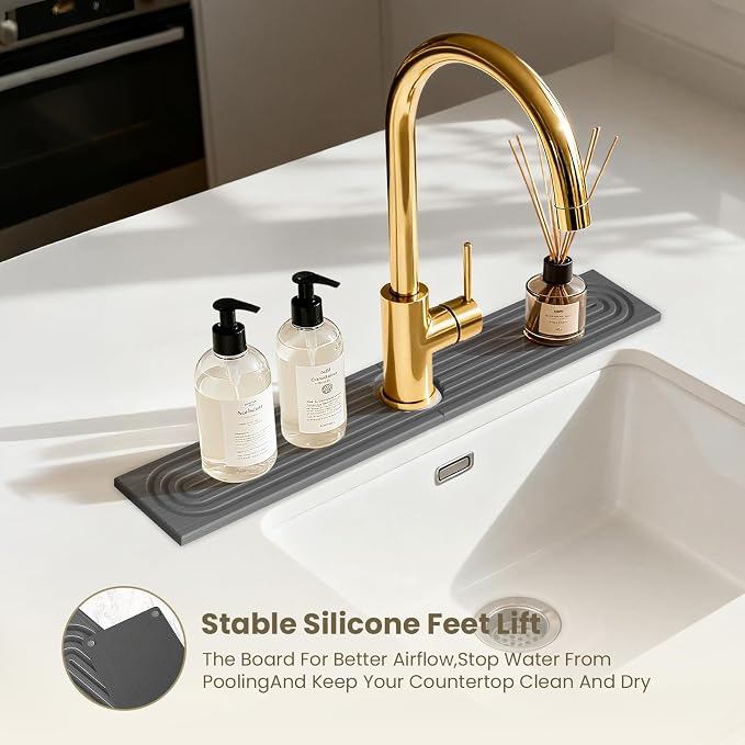 Diatomite Faucet Mat for Kitchen Sink, Quick-Dry Stone-Like Sink Mat, Flat Lay Absorbent Countertop Drying Mat for Faucet Area, Hard Diatomite Mat, Gray, 23.6 x 4 in - Image 6