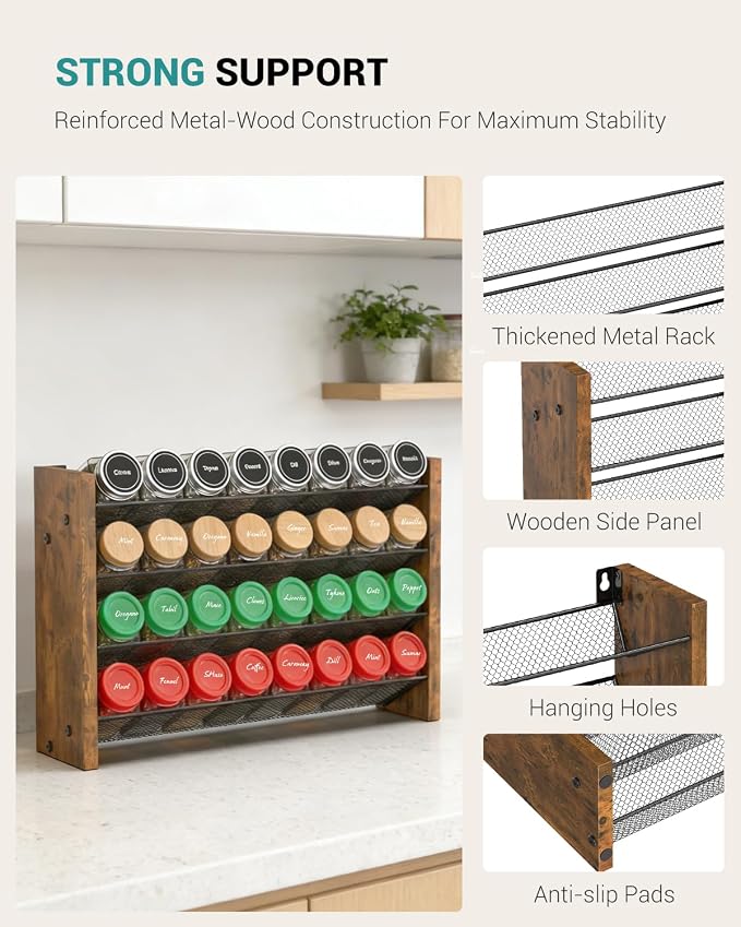 Spice Rack Organizer for Cabinet, Wood Countertop Shelf, No Jars Included | Holds 32 Standard 4 oz Jars, Fits Jars Under 1.8 in Wide, 4-Tier Kitchen Seasoning Organizer, Wall Mount, 15.7" W x 10.3" H - Image 7
