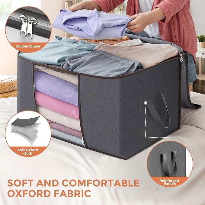 90L Large Storage Bags, 6 Pack Clothes Storage Bins Closet Organizers | Foldable Storage Containers, with Reinforced Handle, for Clothing, Blanket, Comforters, Bed Sheets, Pillows and Toys,Gray - Image 4