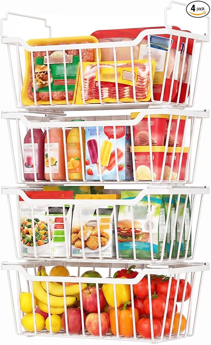 Goovilla Freezer Organizer Bins for 5-7 Cu.FT Chest Freezer, 4 Pack White | Foldable Handle Stackable Freezer Baskets, Coated Metal Freezer Storage Bins with Better Space Utilization, Deep Organization by Goovilla