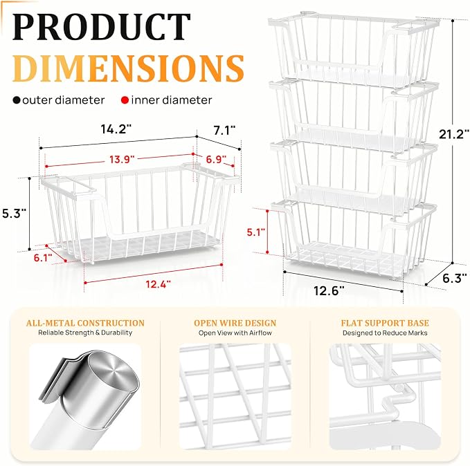 SUNALLY Stackable Storage Bins 6 Pcs Wire Baskets Freezer Organizer, White | Pantry Organizers Storage, Vegetable Fruit Storage Basket for Countertop, Kitchen Baskets for Onion Potato Snack Cans Storage - Image 2
