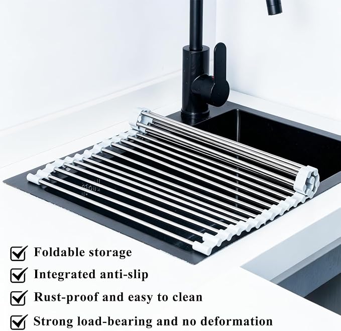 Roll Up Dish Drying Rack 17.5''x15.7'' Gray | Kitchen Rolling Dish Drainer, Foldable Sink Rack Mat Stainless Steel Wire Dish Drying Rack for Kitchen Sink Counter Storage - Image 2