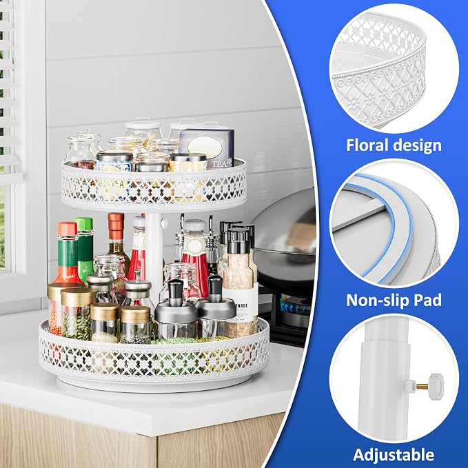 2 Tier Lazy Susan Organizer - Adjustable Rotating Spice Rack 12 inch | Floral Turntable Lazy Susan for Cabinet Pantry Kitchen Countertop Table Top Cupboard Bathroom Vanity Storage Metal White - Image 5