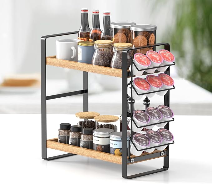 Coffee Station Organizer for Counter,Condiment Storage Caddy for Kitchen,2 Tier Wooden Shelf for Coffee Bar Accessories,Coffee Bar Organizer for Kitchen, Home, Office-Brown - Image 3