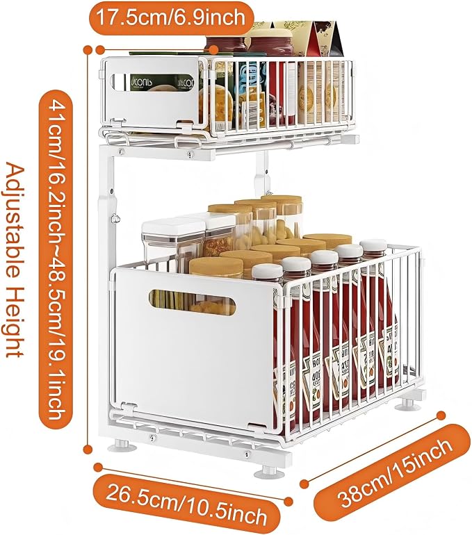 Under Sink Organizer, 2-Tier Multi-Use Kitchen and Bathroom Organizers and Storage, Slide Out Thickened Metal Under The Sink Organizer for Kitchen Bathroom Pantry (Style B White, 1 Pack) - Image 4