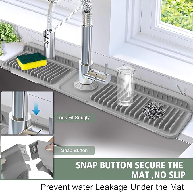 24-Inch Kitchen Sink Splash Guard Mat | 7° Slope for Fast Self-Draining | Snap-Lock Design | Universal & Cuttable Silicone Faucet Mat Gray - Image 2