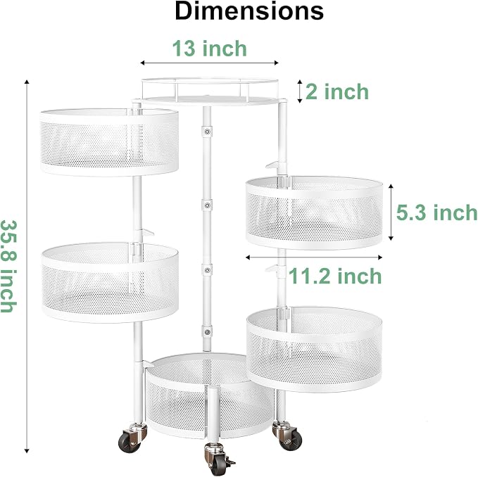 SAYZH 5 Tier Fruit Vegetable Basket Stand for Kitchen, Rotating, White | Rolling Storage Cart with top lid, Large Metal Wire Rack for Potato and Onion Storage - Image 7