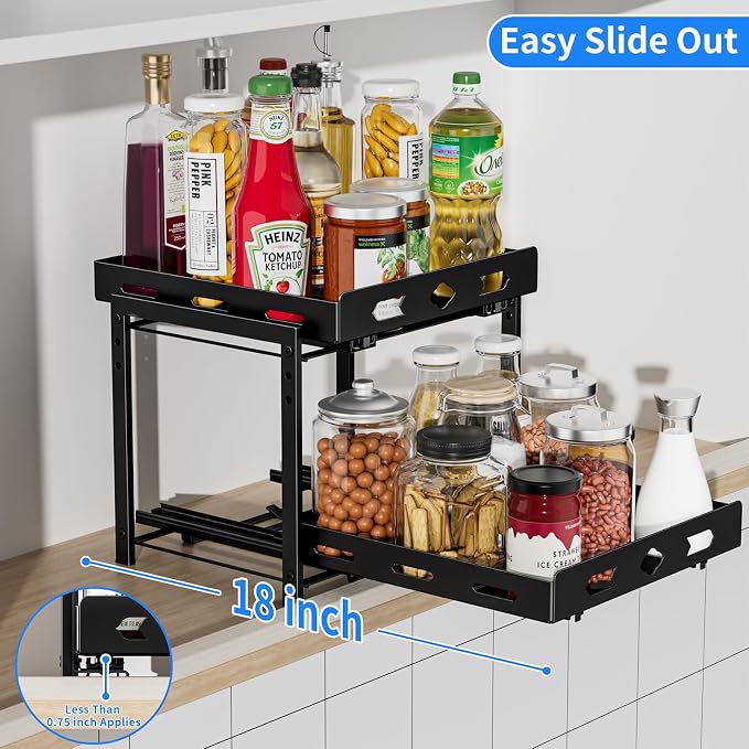 BOIVSHI Pull Out Spice Rack for Cabinet, 11.9''Wx10.8''Dx9.2''H | 2 Tier Kitchen Spice Shelf, Vertical Spice Organizer for Pantry, Height Adjustable, Individually Sliding Metal Shelves, Black - Image 5