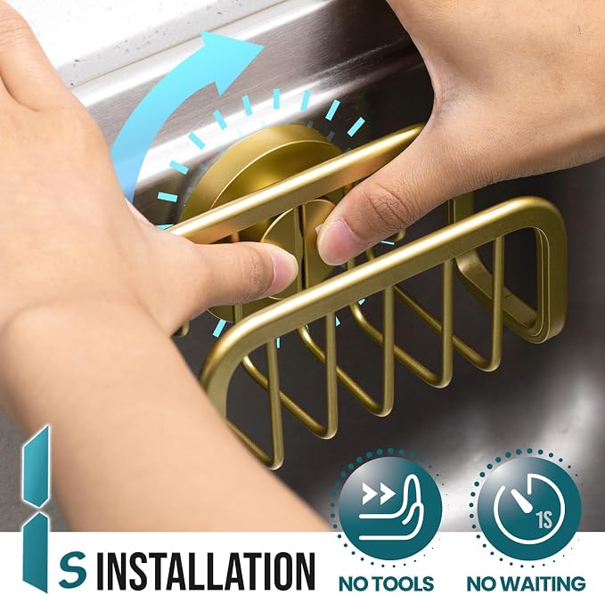 TAILI Rustproof Sponge Holder for Kitchen Sink with Suction Cup-Gold | Rustproof Aluminum Sink Caddy for Sponges, Brushes, Stoppers & Scrapers,Removable Ventilated Quick-dry Design, Holds Up 11lbs - Image 2