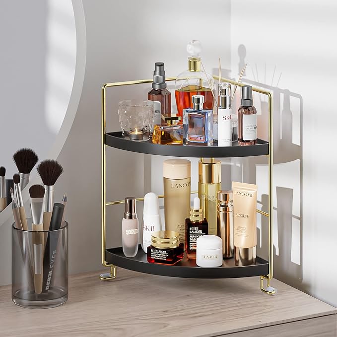 KINGNERWI 2-Tier Bathroom Counter Organizer, Vanity Corner Shelf, Black | Makeup Skincare Storage Tray, Small Countertop Rack, Stores Cosmetics, Perfume, Seasoning, Fits Sink and Dresser - Image 6