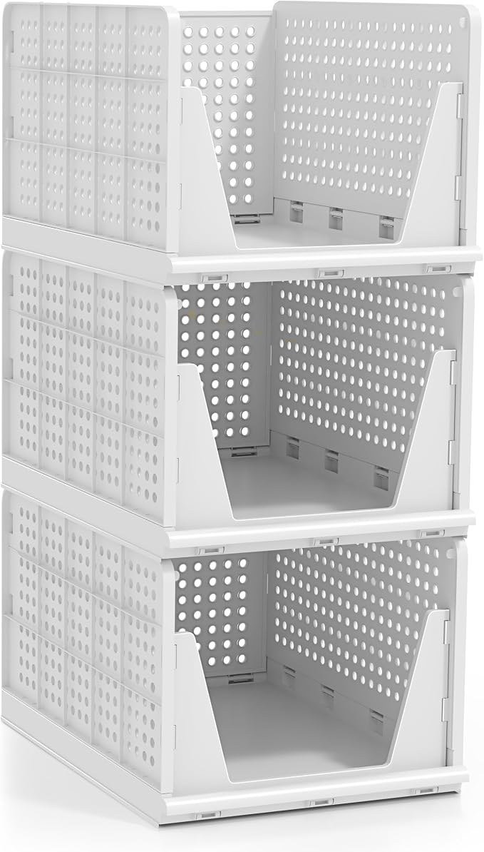 Sorbus 3 Pack Folding Closet Shelf Organizer for Clothes - Versatile Stackable Storage Baskets for Closet, Bathroom, Kitchen and Garage - Easy Access Open Front Design - Plastic Organizer Shelves - Image 8
