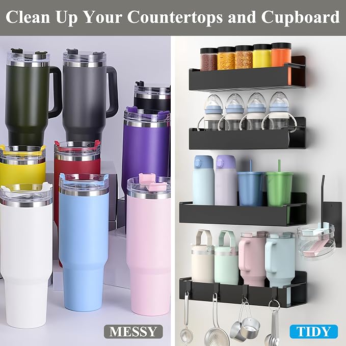 Magnetic Water Bottle Holder for Fridge Black, 4 Pack | Tumbler Organizer with Hooks, Cup Holder Organizer Storage, Refrigerator Shelf for Stanley, Owala - Image 5