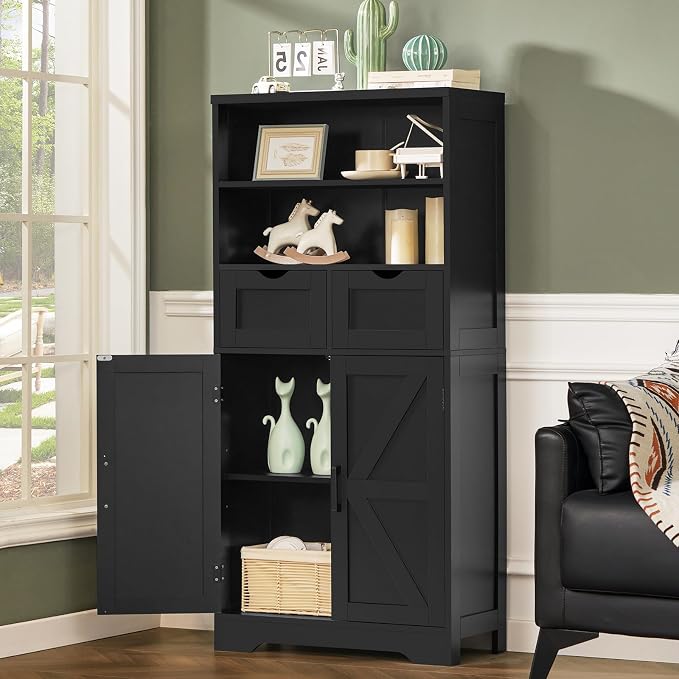 Storage Cabinet with Doors & 2 Drawers, Kitchen Cabinet with Adjustable Shelf, Pantry Cabinets, Bathroom Cabinets, for Living Room, Entryway, Home Office, Black - Image 2