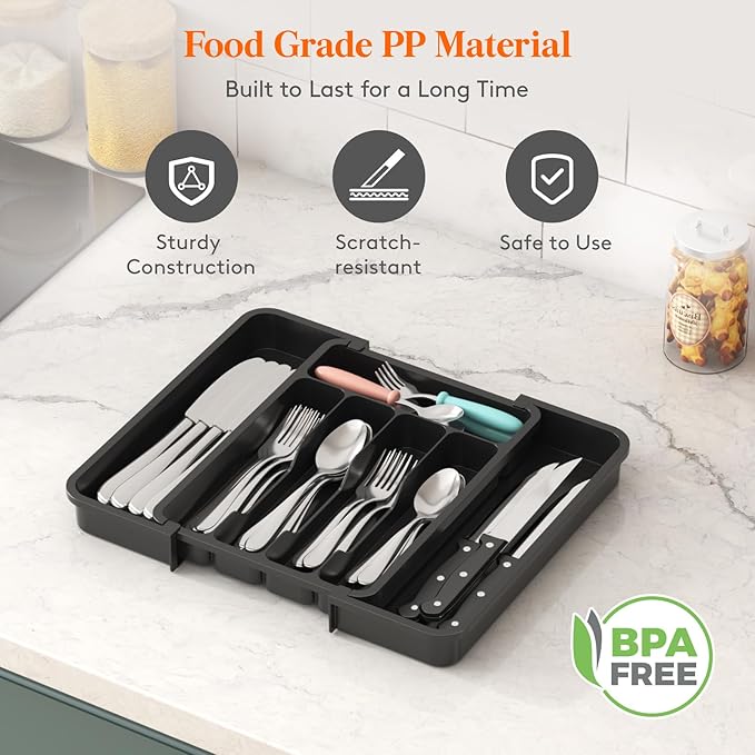 Lifewit Silverware Drawer Organizer, Expandable Utensil Tray | BPA Free Flatware Cutlery Holder for Kitchen, Adjustable Plastic Storage for Spoons Forks Knives, 8.9-14.7 x 12.2, Black - Image 4