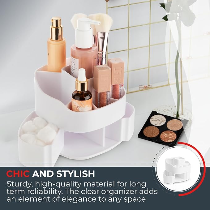 Masirs Small 360 Rotating Makeup Organizer, 5 Compartments, Square White | Small 360 Rotating Makeup Organizer, 5 Compartments, Acrylic Mini Lazy Susan, Vanity Bathroom Counter, Square White - Image 4