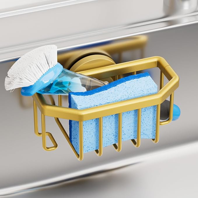 TAILI Sponge Holder for Kitchen Sink with Strong Suction Cup-Gold | Removable Sink Caddy for Kitchen Sink Oganizer, Rustproof Aluminum Sink Sponge Holder for Scraper Brushes, Stoppers by TAILI