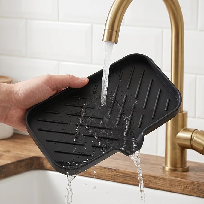 MicoYang Silicone Soap Dish with Drain Spout — Self-Draining Sink Organizer Tray for Bathroom & Kitchen, Sponges, Dispensers & Soap Holder, Non-Slip & Dishwasher Safe, Black (Medium, 9.6"×5.3") - Image 9