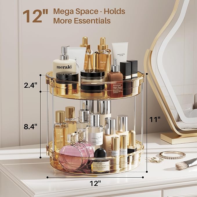 LAMU 2 Pack 2 Tier Lazy Susan Turntable Organizer 12'' Rotating Spice Rack Organization for Cabinet, Kitchen, Pantry, Countertop, Bathroom, Vanity, Medicine Cabinet Organizer, Amber - Image 2